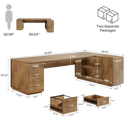 Image of Tribesigns 85.8-Inch L-Shaped Executive Office Desk with File Drawers & Storage Cabinet, Professional Corner Computer Desk Extra Large Business Workstation with Adjustable Shelves, Light Brown