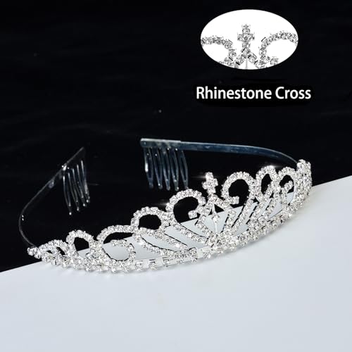 Merroyal First Communion Veil and Tiara Set, 24 inch White Veil with Rhinestone Cross Crown, Religious Ceremony Accessories4