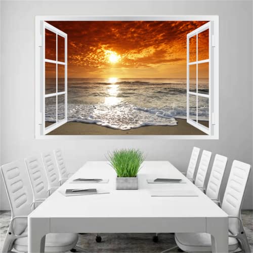 Thnwsy Self-Adhesive Wall Sticker Romantic Living Room Bedroom Study Office Decorative Wall Sticker Ocean Scenery Fake Window Sticker Mural (36"×48", Sunset Beach) #TOP2