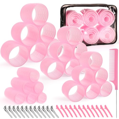 4 Sizes Self-Grip Hair Rollers Set for Long, Short Hair and Bangs - 50 Pcs with Clips (25mm, 36mm, 48mm, 60mm), Pink