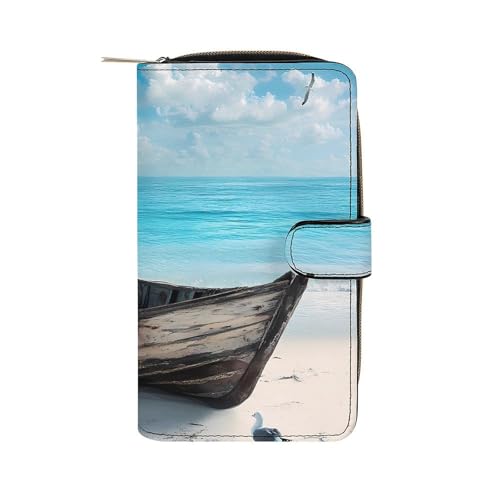 Boat on Beach Seagulls Long Wallet PU Leather Credit Card Holder Durable Zippered Purse Clutch Wallet