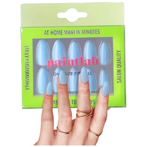 PaintLab Press-On Nails Manicure Kit, Periwinkle Blue Almond, 24-Piece Set, Long-Lasting Fake Nails with Glue, File, Prep Pad & Cuticle Stick Cover