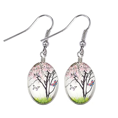 coadipress Tree of Life Glass Dangle Earrings for Women Girls Unique Boho Handmade Art Oval Multicolor Transparent Glass Plant Dried Pressed Real Flowers Dangle Drop Hook Earrings Artist Jewelry Gifts
