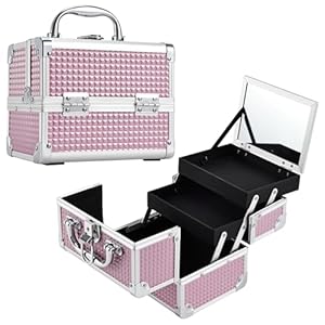 Joligrace Vanity Case Makeup Organiser Box Beauty Case Nail Polish Organiser Box Make Up Case with Mirror, 2 Trays, Lockable, Size: 19.5 x 15 x 16cm (Pink)
