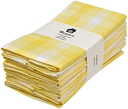 [20x20] Cloth Napkins Set of 12 Cotton, Dinner Napkins Cloth Washable, Buffalo Plaid Checks Premium Over Sized Yellow/White Cloth Napkins with Mitered Corners, Ultra Soft, Durable Hotel Quality