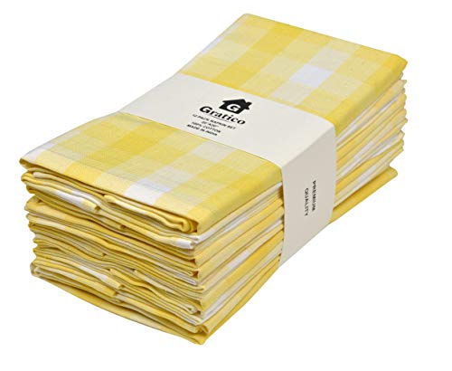 [20X20] Cloth Napkins Set Of 12 Cotton, Dinner Napkins Cloth Washable, Buffalo Plaid Checks Premium Over Sized Yellow/White Cloth Napkins With Mitered Corners, Ultra Soft, Durable Hotel Quality #TOP2