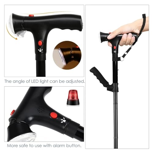 Bastón plegable telescópico con luz LED y alarma, altura ajustable, anticaídas, antideslizante, para personas mayores, ideal para ancianos y cuidadores