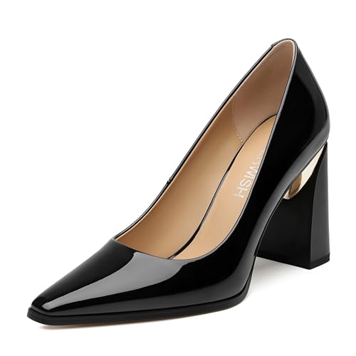 ROSERWISH High Chunky Block Heels for Women, Closed Pointed Toe Slip-On Pumps, Retro Vintage Style, 3.5