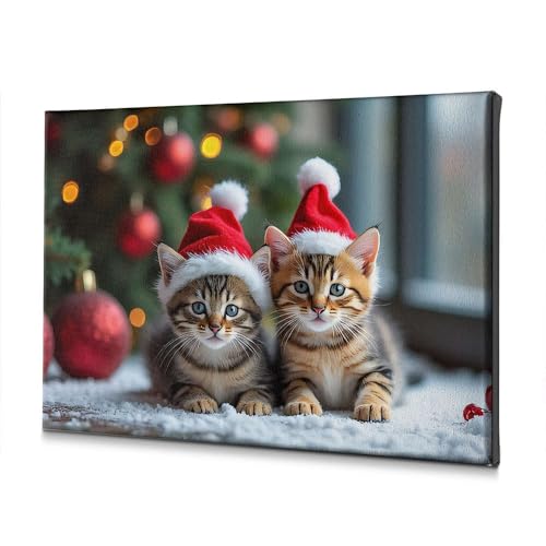 Decorazione per la stanza con due gattini che indossano cappelli di Babbo Natale seduti su una superficie innevata, decorazione da parete per la casa e il bagno (40 x 60 cm)