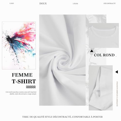 heekpek Femme T Shirt Blanc Chic T Shirts Col Rond Haut Manches Courtes Ete T Shirt Coton Tee Shirt Imprimé pour Femmes Files, Libellules, L – vue 4