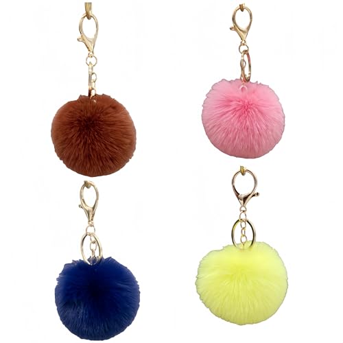 LSLFQYQSK 4 Pcs Pom Pom Keychains - Faux Fur Ball Key Rings Fluffy Rabbit Fur Pompoms Keychains for Women Girls Bag Accessories