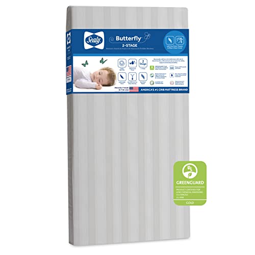 Sealy Butterfly 2-Stage Dual Firm Premium Foam Baby Crib Mattress & Toddler Bed Mattress, Hypoallergenic Waterproof Encasement Crib Mattress Cover, GREENGUARD GOLD Certified, Made in USA, 52\"x28\" Gray