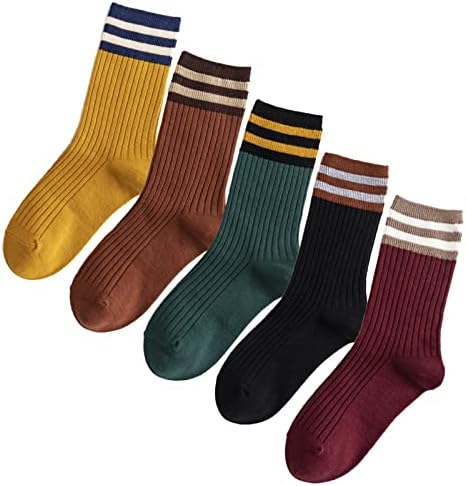 5 Pairs Fashion Striped Athletic Socks,Casual Cute Vintage Crew Socks,All Season Socks for Women Girls (Style B - Multicolor 1)