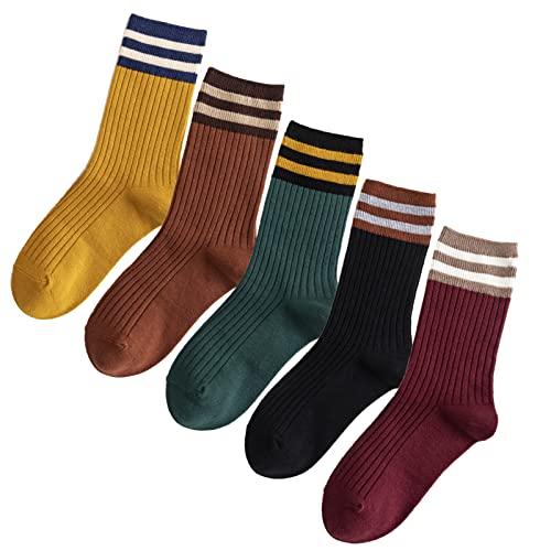 5 Pairs Fashion Striped Athletic Socks,Casual Cute Vintage Crew Socks,All Season Socks for Women Girls