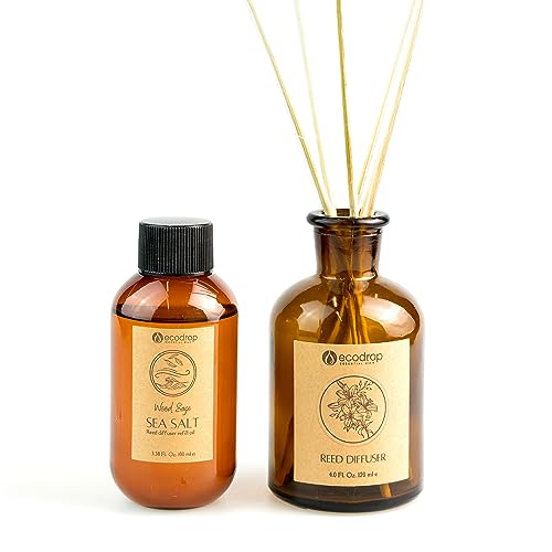 Ecodrop Wood Sage & Sea Salt Diffuser - 100ml | Fresh & Salty Scented Aromatherapy Fragrance Oil, a Glass Bottle & 6 Wooden Reed Sticks | Office & Home Spa Gift for Kitchen, Bedroom & Living Room