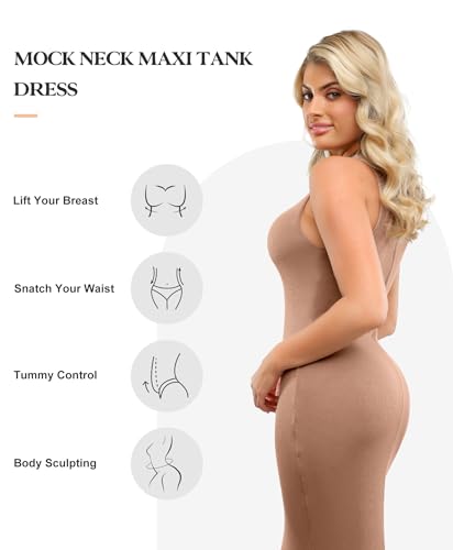 Popilush Shapewear Dress Built in Bra - Maxi Bodycon Dresses Mock Neck Sleeveless Summer Dress for Women Brown — view 3