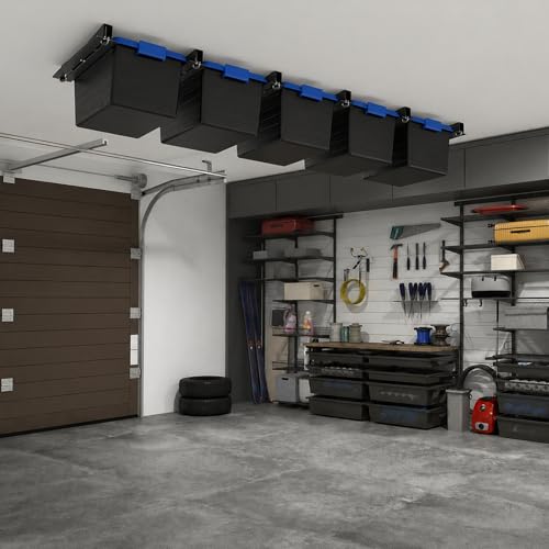Demimy Overhead Garage Storage Rack, Heavy Duty Ceiling Mount Bin Holder for 7-27 Gallon Tote Storage Container Bins, 17-Inch Black Metal Rails for Organization Shelving System, Iron Material, 6 Pack by Demimy - Image 7