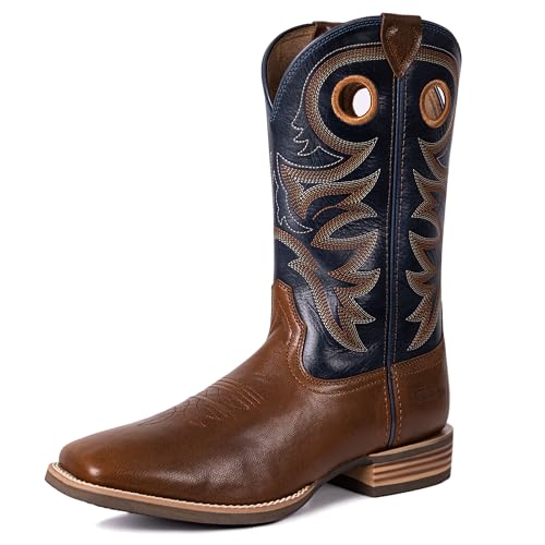 Men’s Western Cowboy Boots, Fashionable Embroidered Full Grain Leather, Square Toe Pull-On, 4-Layer Composite Sole, Slip-Resistant Work & Riding Boots (PLT103604)