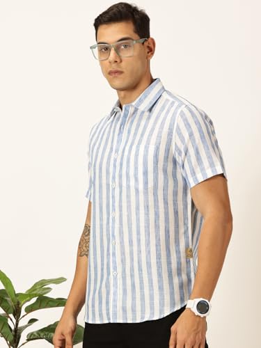 Image of Thomas Scott Men's | Stripes | Half Sleeve | Slim Fit | Linen Blend | Spread Collar | Casual Shirt