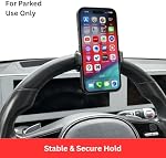 Maxby Steering Support de porte-phone pour l'utilisation en stationnement, Serre-clamp universel pour la plupart des téléphones, 360° Support réglable rotatif, détachement d'attache rapide, vue mains libres pour attendre et repas dans la voiture