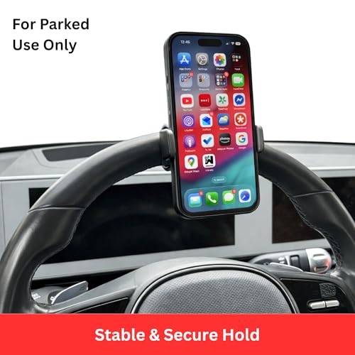 Maxby Steering Wheel Phone Holder Mount for Parked Use, Universal Clamp Fits Most Phones, 360° Rotating Adjustable Bracket, Quick Attach Detach, Hands-Free Viewing for Waiting and Meals in the Car