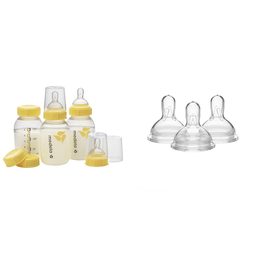 Medela Breast Milk Storage Bottles, 3 Pack of 5 Ounce Breastfeeding Bottles with Slow Flow Nipples & Slow Flow Bottle Nipples with Wide Base, Baby Newborns Age 0-4 Months