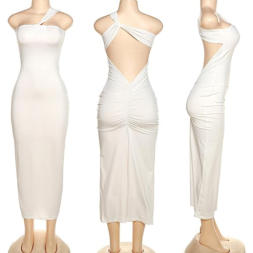 Image of Suillty Women's Sexy Oblique Shoulder Backless Maxi Dress Ruched Back Strap Sleeveless Party Club Long Dresses Bodycon