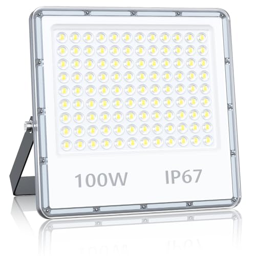 YIQIBRO LED Security Lighting Floodlight 100W - 10000LM IP67 Waterproof Outdoor Flood Lights Mains Powered, 7000K Cold White Outside Lights Mains Powered for Garden, Patio, Yard(1 Pack)