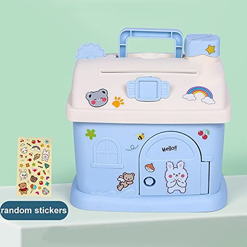 Image of WISHKEY House Shaped Piggy Bank for Kids, Money Saving Box Money Bank Container with Handle and Keys Cute Piggy Bank with Lock,ATM for Real Money, Gifting Item for Kids (Pack of 1, Blue)