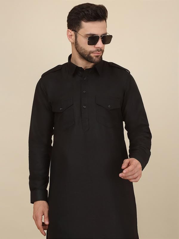 Image of KRAFT INDIA Men's Cotton Pathani Kurta With Drawstring Salwar Set