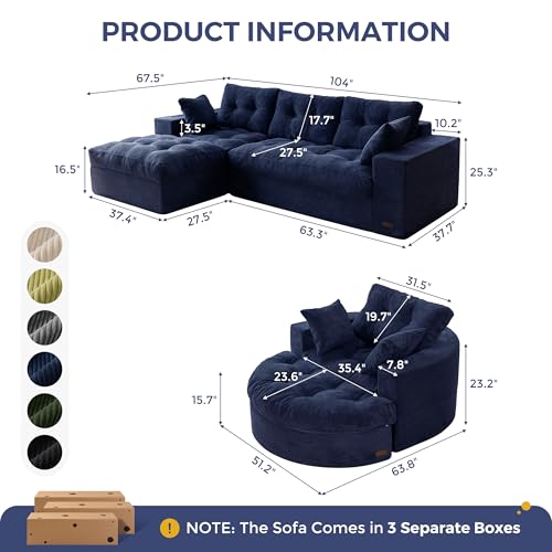 Image of MAXYOYO L Shape Sectional Sofa Couch and Round Chaise Lounge, Modern Cloud Couch with Ottoman, Comfy Sofa with Layered Cushion, Tufted Upholstered Sleeper Chair for Living Room, No Assembly Required