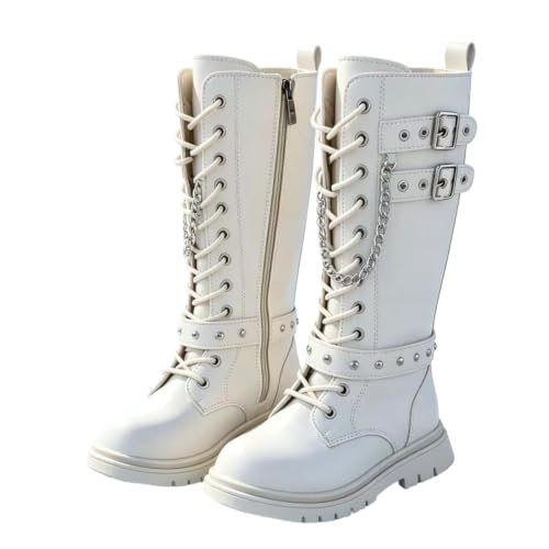 Girls Lace Up Side Zippers Riding Boots PU Mid Calf Shoes Punk Goth Boot