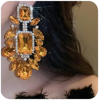 Xerling Yellow Rhinestone Chunky Earrings Geometric Square Crystal Dangle Earrings Oversized Art Deco Costume Jewelry for Women