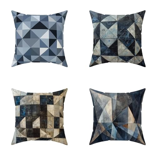 Geometry Throw Pillow Covers 32x32 in Set of 4, Outdoor Pillows Blue Waterproof Soft Decorative Pillowcase with Invisible Zipper HD Duplex Printing for Couch Bed Spring Decorations for Home T-99973