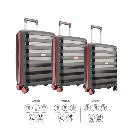 Image of Police Primex Bi-Color Trolley Bag | Hard PP Check-in Suitcase with TSA Lock & 8 Spinner Wheels | Lightweight Travel Luggage for Men & Women | Black /Red (Set of 3)