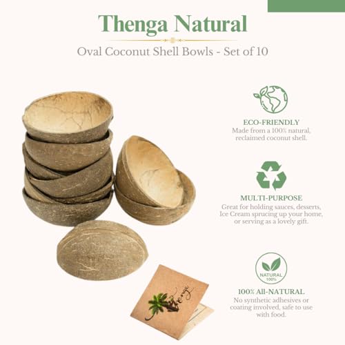 Thenga Natural Oval Coconut Shell Bowls - Set of 10, 150 ML, Perfect for Ice Cream, Snacks - Parties & Catering - Craft - Medium - Brown