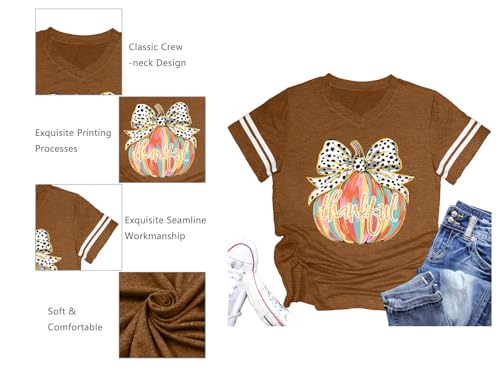 Thanksgiving Shirts for Women V Neck: Thankful Pumpkin Tshirt Turkey Gravy Beans and Rolls T Shirts Fall Tops — view 6