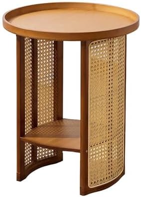Natural Round Wood Bedside Table - 2-Tier Accent Nightstand with Resin Rattan Panels for Living Room & Bedroom - Stylish, Practical Design