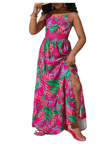 Girl's Tropical Print Cami Dress Boho Tiered Spaghetti Strap Split Thigh Vacation Flowy Long Dresses