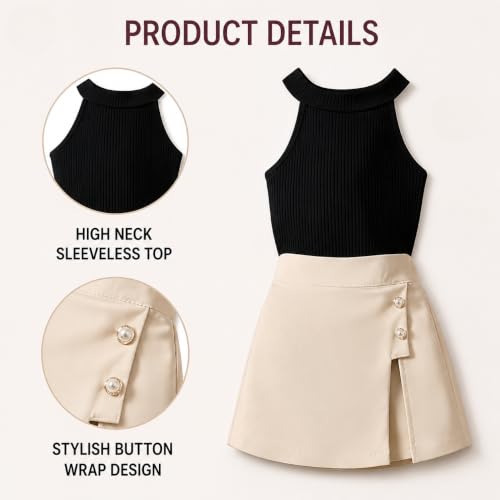Image of RIYANSHI Girls Sleeveless Ribbed Top & Button Skirt Set | Stylish Two-Piece Casual Outfit & Everyday Wear