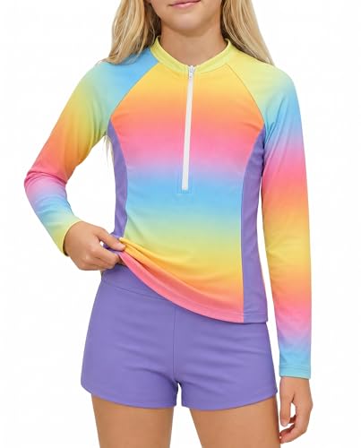 JiAmy Dziewczęce wyściełane biustonosze Rash Guard, kostium kąpielowy dla dziewczynki z długim rękawem, dwuczęściowy strój kąpielowy 7-16 lat, wielobarwny, 11-12 lat