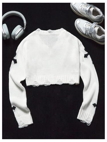 Girl's Gothic Graphic Sweater V Neck Ripped Pullover Sweater Distressed Long Sleeve Knit Crop Top2