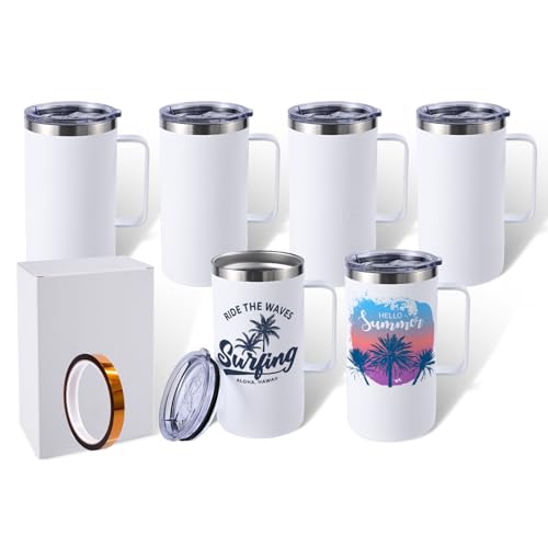 ColorSub 24oz Sublimation Coffee Mugs with Handle Straight Matte Travel Coffee Cups Insulated Stainless Steel Tumblers with Gift Box, Heat Tape for Hot Cold Drinks, 6 Pack