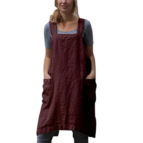 Womens Square Apron Cooking Baking Gardening Works Cross Back Cotton-linen Pinafore Dress with 2 Pockets XX-LargeClaret