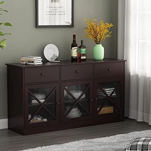 ECACAD Modern Wood Sideboard Buffet Storage Cabinet with 3 Acrylic Glass Doors, 3 Drawers & 6 Compartments, Kitchen Cupboard Console Table for Living Room, Espresso (62”L x 17.5”W x 32.9”H)