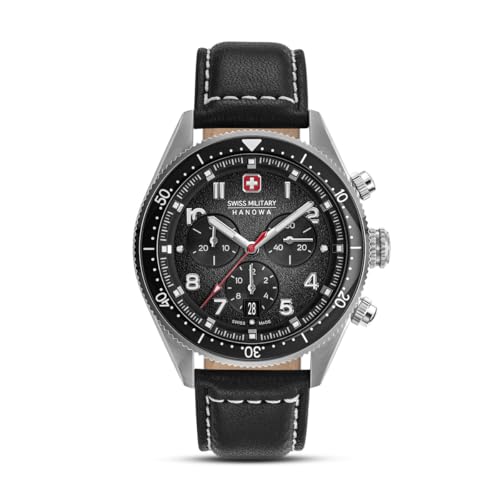 Swiss Military Hanowa Greyhound Chrono Men's Watch Diameter 43 mm with Leather Strap and Sapphire Glass, Silver, OneSize, Strap.