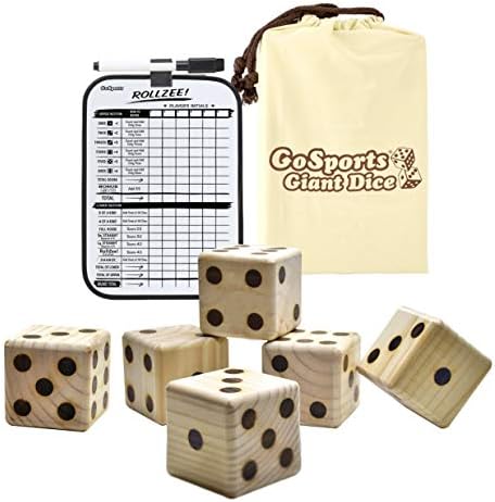 GoSports Giant Wooden Playing Dice Set with Rollzee and Farkle Scoreboard - Includes 6 Dice, Dry-Erase Scoreboard and Canvas Tote Bag - Choose 2.5 Inch or 3.5 Inch Dice)