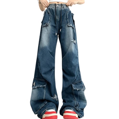 Y2K Gothic Grunge Casual High Waist Straight Wide Leg Vintage Ripped Distressed Drawstring Pleated Cargo Jeans