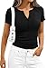 PRETTYGARDEN Henley Shirts for Women 2026 Summer Short Sleeve Tops V Neck Basic Tees Fitted Ribbed Button Up Work Shirts (Black,Medium)