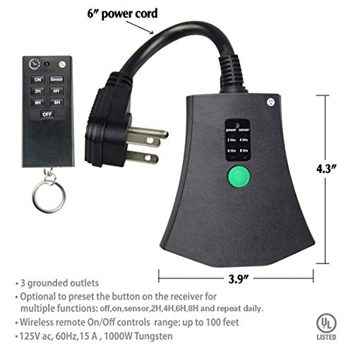Ecoplugs Digital Timer Switch With Remote Control,Weatherproof, 3 Outlet With 120 Ft Range For Outdoor, Photocell Light Sensor (Remote Timer Outlet A (Outdoor)) #TOP2